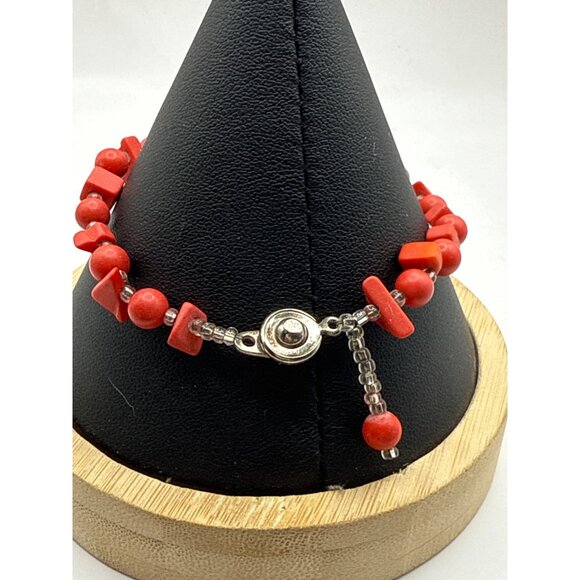 Red Coral Beaded Stretch Bracelet With Magnetic Clasp & Clear Accent Beads - Picture 5 of 6